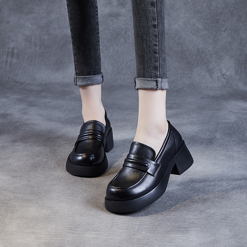 Real Cowhide Top Layer Thick Soled Big Head English Style Loafers