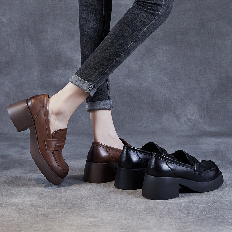 Real Cowhide Top Layer Thick Soled Big Head English Style Loafers