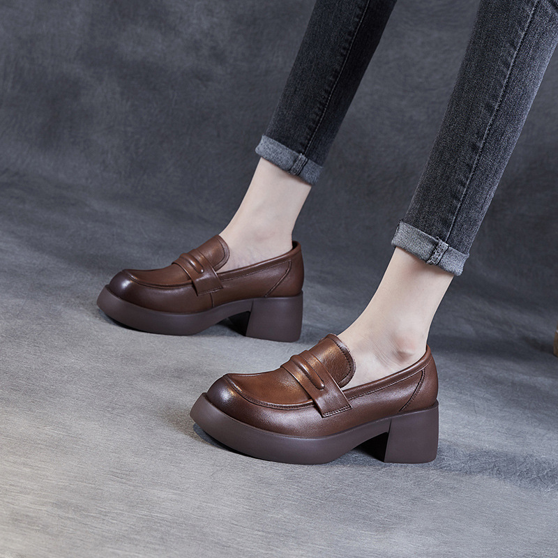 Real Cowhide Top Layer Thick Soled Big Head English Style Loafers