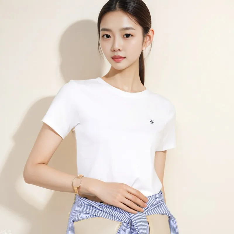 Short-Sleeved Round Neck Slim-Fit Cotton Embroidered T-Shirt