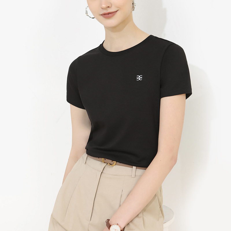 Short-Sleeved Round Neck Slim-Fit Cotton Embroidered T-Shirt