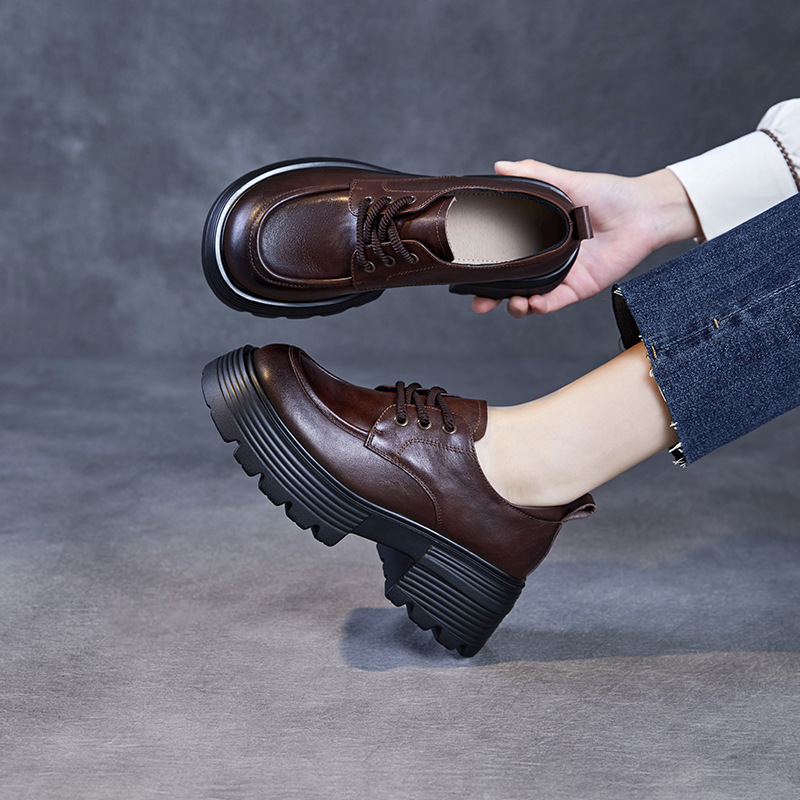 Spring New Thick Soled English Hand-Grip Cowhide Lace-Up Loafers