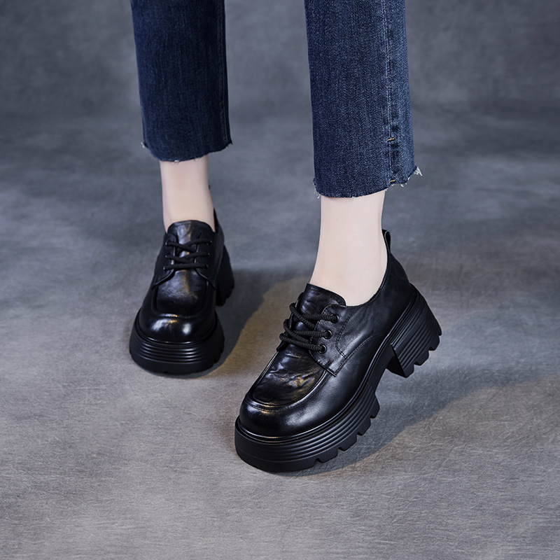 Spring New Thick Soled English Hand-Grip Cowhide Lace-Up Loafers