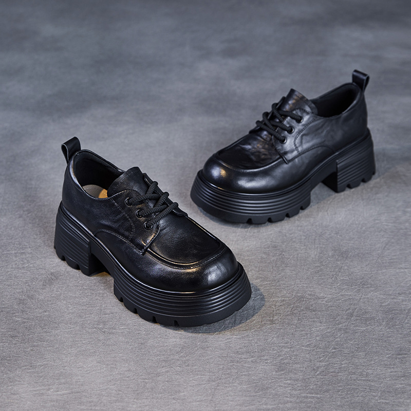 Spring New Thick Soled English Hand-Grip Cowhide Lace-Up Loafers