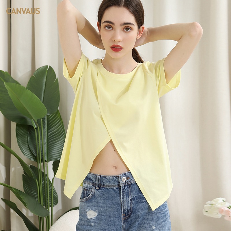 Design Cotton Solid Color Slit Crew-Neck Summer T-Shirt
