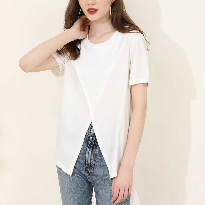 Design Cotton Solid Color Slit Crew-Neck Summer T-Shirt