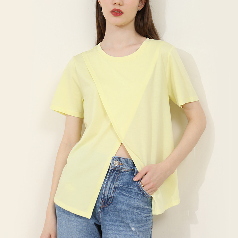 Design Cotton Solid Color Slit Crew-Neck Summer T-Shirt