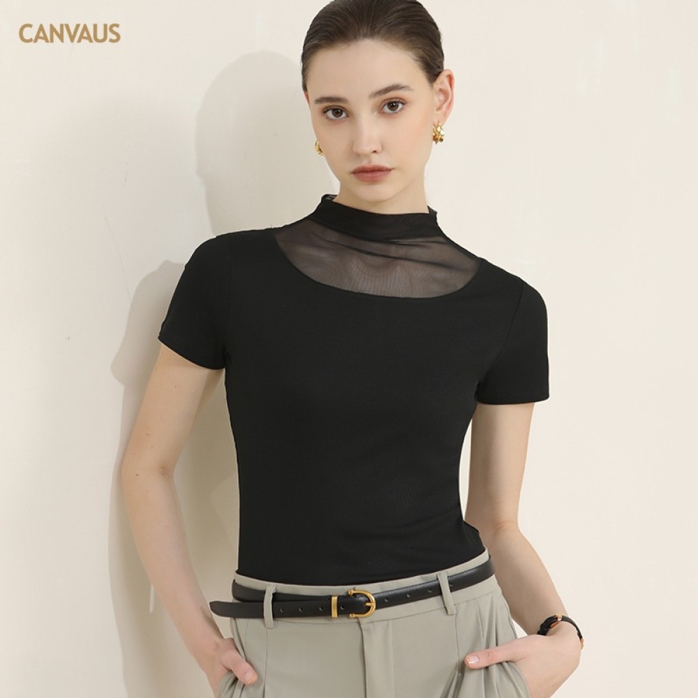 Mesh Patchwork Solid Color Pile Neck Short-Sleeved T-Shirt