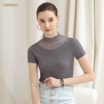 Mesh Patchwork Solid Color Pile Neck Short-Sleeved T-Shirt