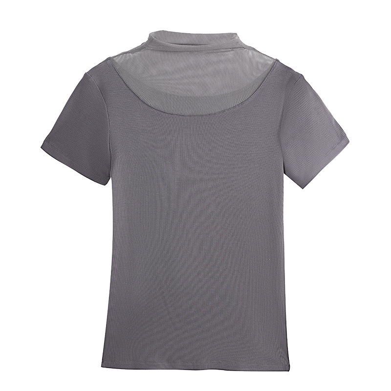Mesh Patchwork Solid Color Pile Neck Short-Sleeved T-Shirt