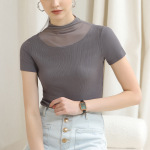 Mesh Patchwork Solid Color Pile Neck Short-Sleeved T-Shirt