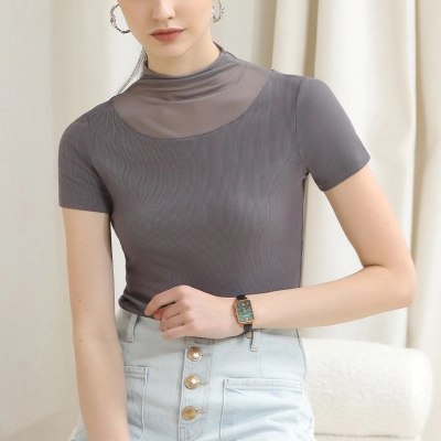 Mesh Patchwork Solid Color Pile Neck Short-Sleeved T-Shirt 02