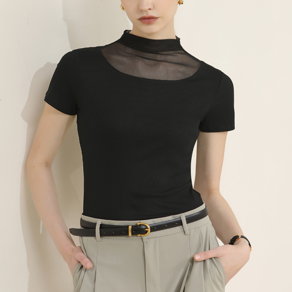Mesh Patchwork Solid Color Pile Neck Short-Sleeved T-Shirt