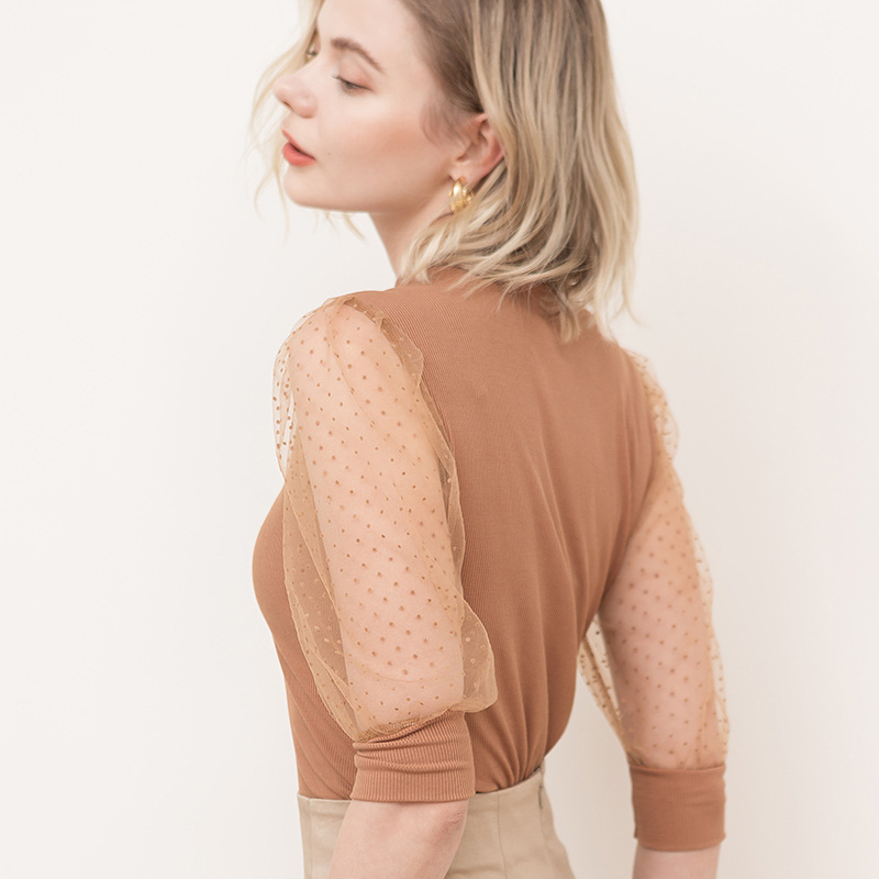 New Mesh Patchwork Half-Turtleneck T-Shirt