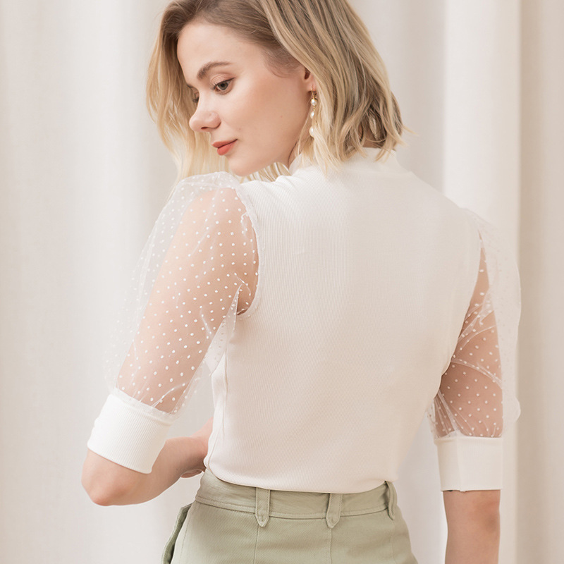 New Mesh Patchwork Half-Turtleneck T-Shirt