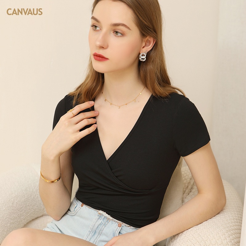 Summer New Solid Color Thread V-Neck Short-Sleeved T-Shirt