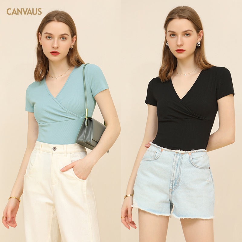 Summer New Solid Color Thread V-Neck Short-Sleeved T-Shirt