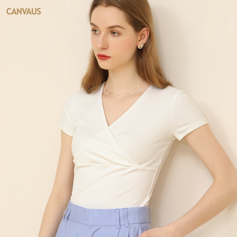 Summer New Solid Color Thread V-Neck Short-Sleeved T-Shirt