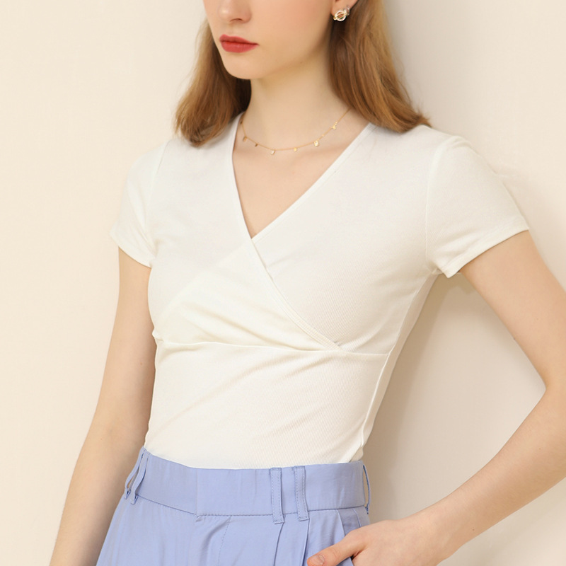 Summer New Solid Color Thread V-Neck Short-Sleeved T-Shirt
