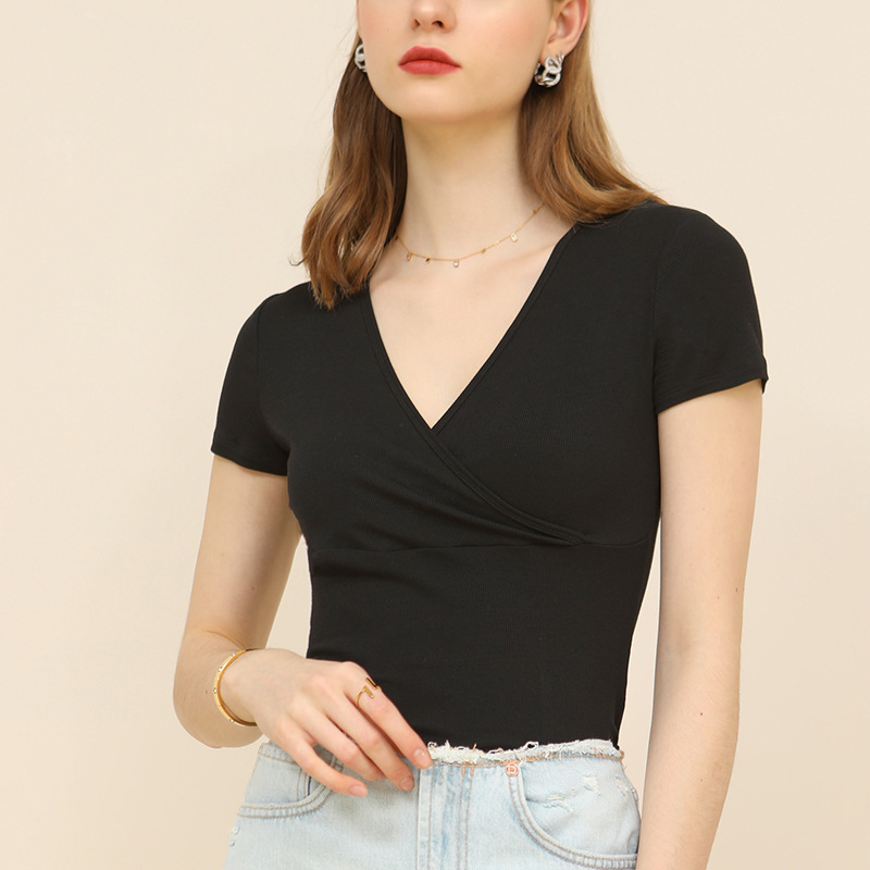 Summer New Solid Color Thread V-Neck Short-Sleeved T-Shirt