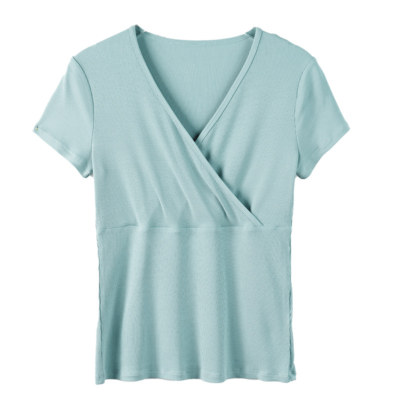 Summer New Solid Color Thread V-Neck Short-Sleeved T-Shirt