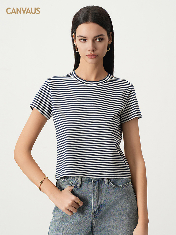 Summer Stretch Cotton Navy Striped T-Shirt