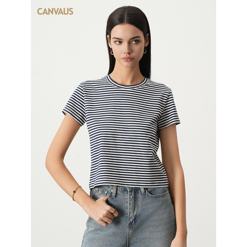 Summer Stretch Cotton Navy Striped T-Shirt