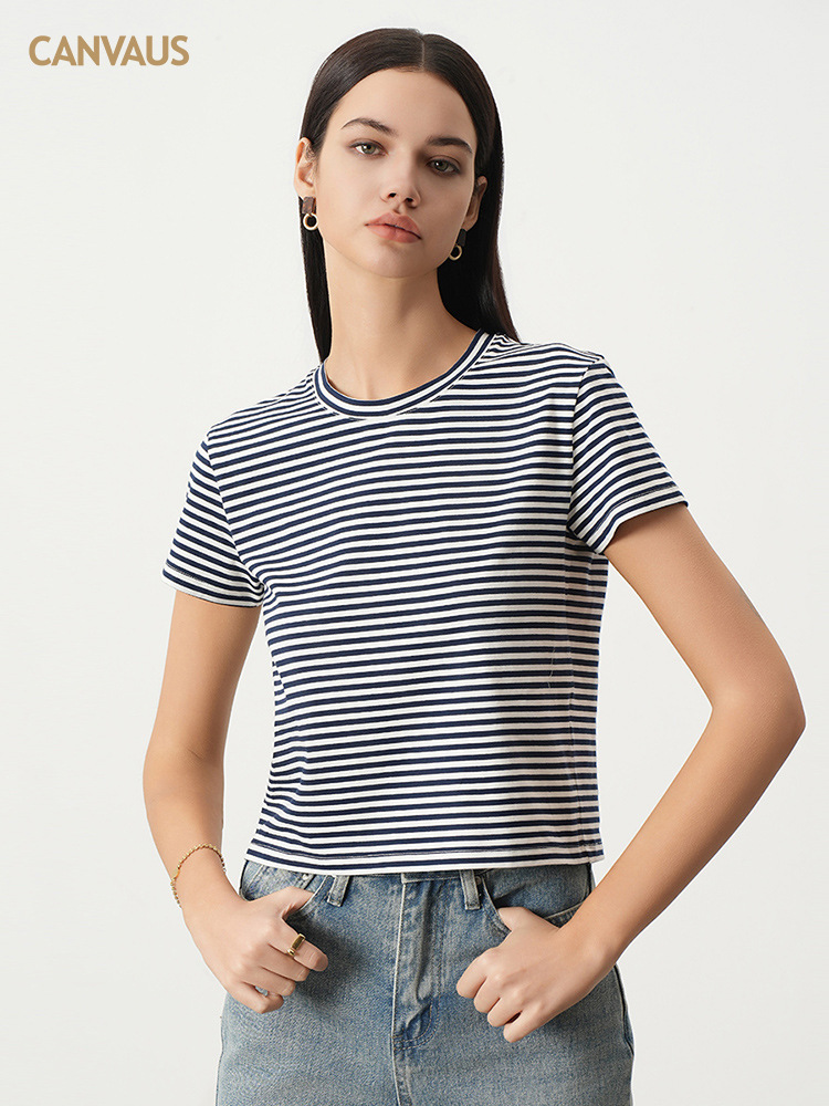 Summer Stretch Cotton Navy Striped T-Shirt