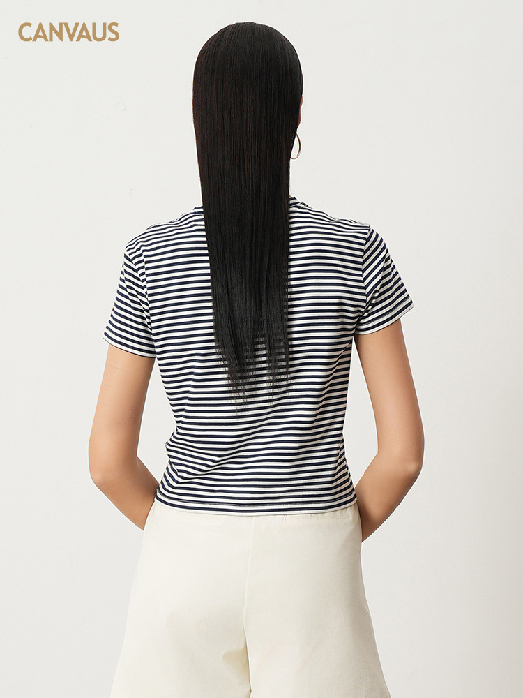 Summer Stretch Cotton Navy Striped T-Shirt