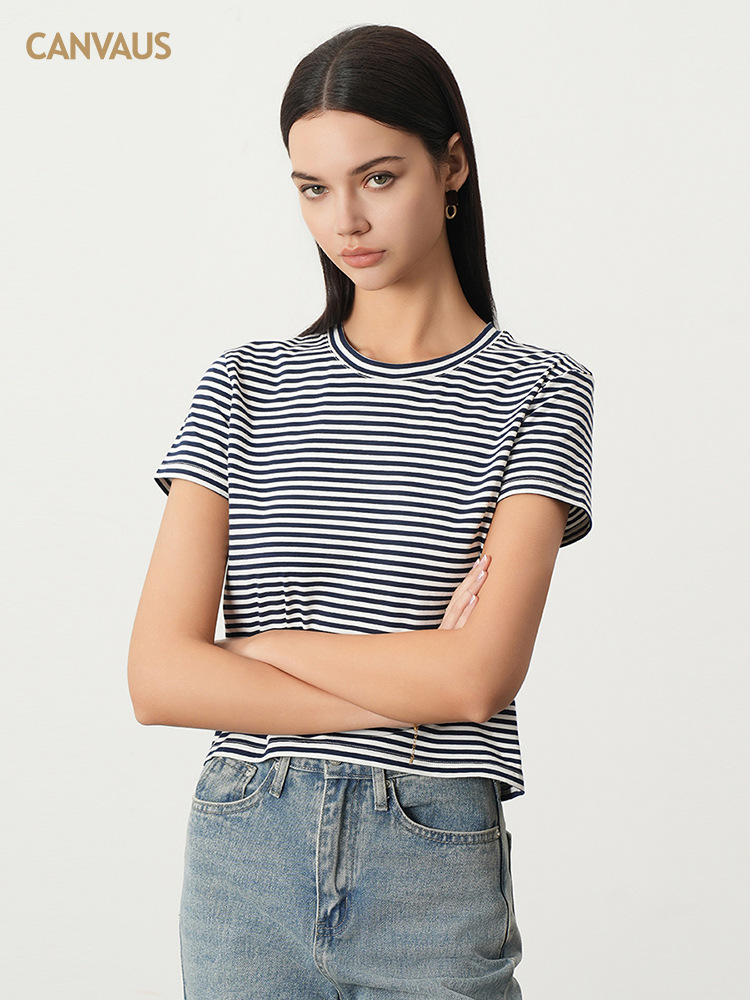 Summer Stretch Cotton Navy Striped T-Shirt