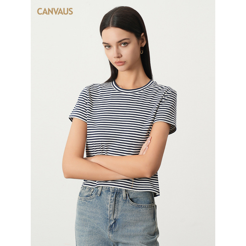 Summer Stretch Cotton Navy Striped T-Shirt