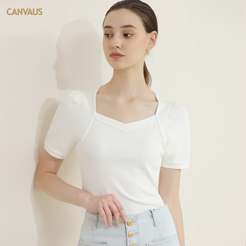 Threaded Cotton Square Collar T-Shirt with Puffed Sleeves