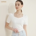 Threaded Cotton Square Collar T-Shirt with Puffed Sleeves