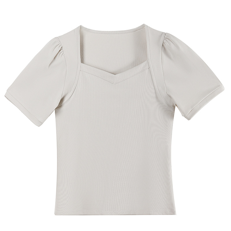 Threaded Cotton Square Collar T-Shirt with Puffed Sleeves