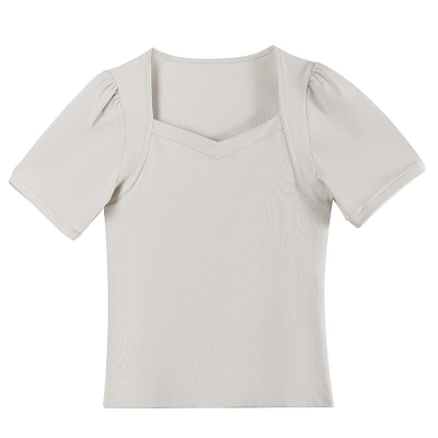 Threaded Cotton Square Collar T-Shirt with Puffed Sleeves 01