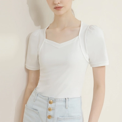 Threaded Cotton Square Collar T-Shirt with Puffed Sleeves 02