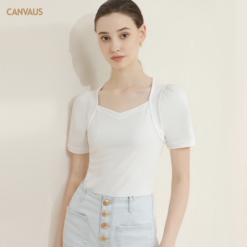 Threaded Cotton Square Collar T-Shirt with Puffed Sleeves