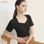 Threaded Cotton Square Collar T-Shirt with Puffed Sleeves