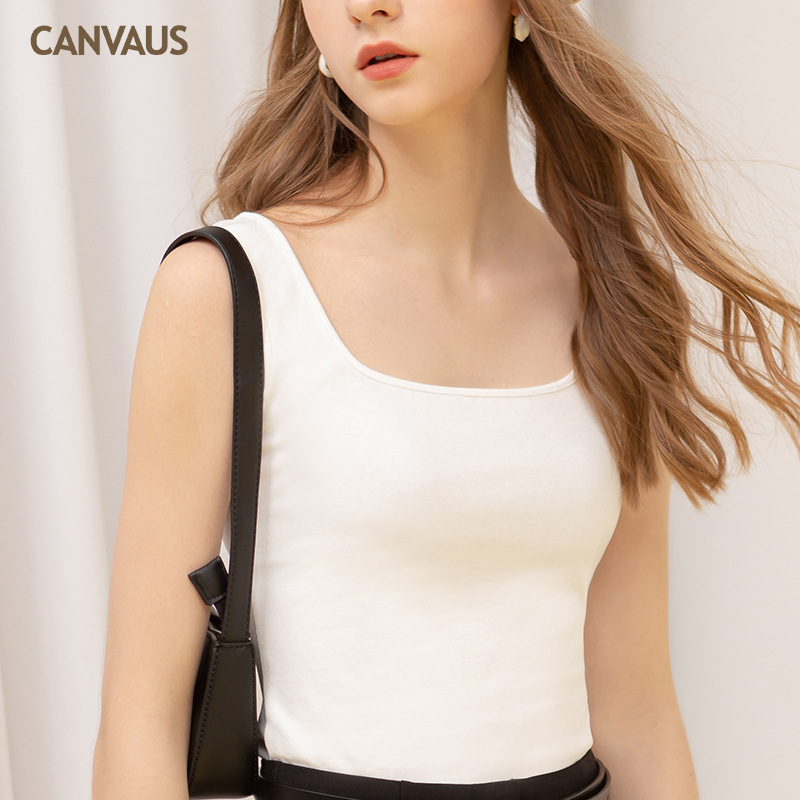 Square-Neck Threaded Cotton Fitted Sleeveless Halter Vest
