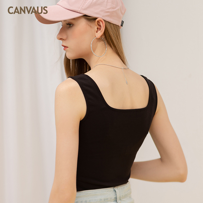 Square-Neck Threaded Cotton Fitted Sleeveless Halter Vest