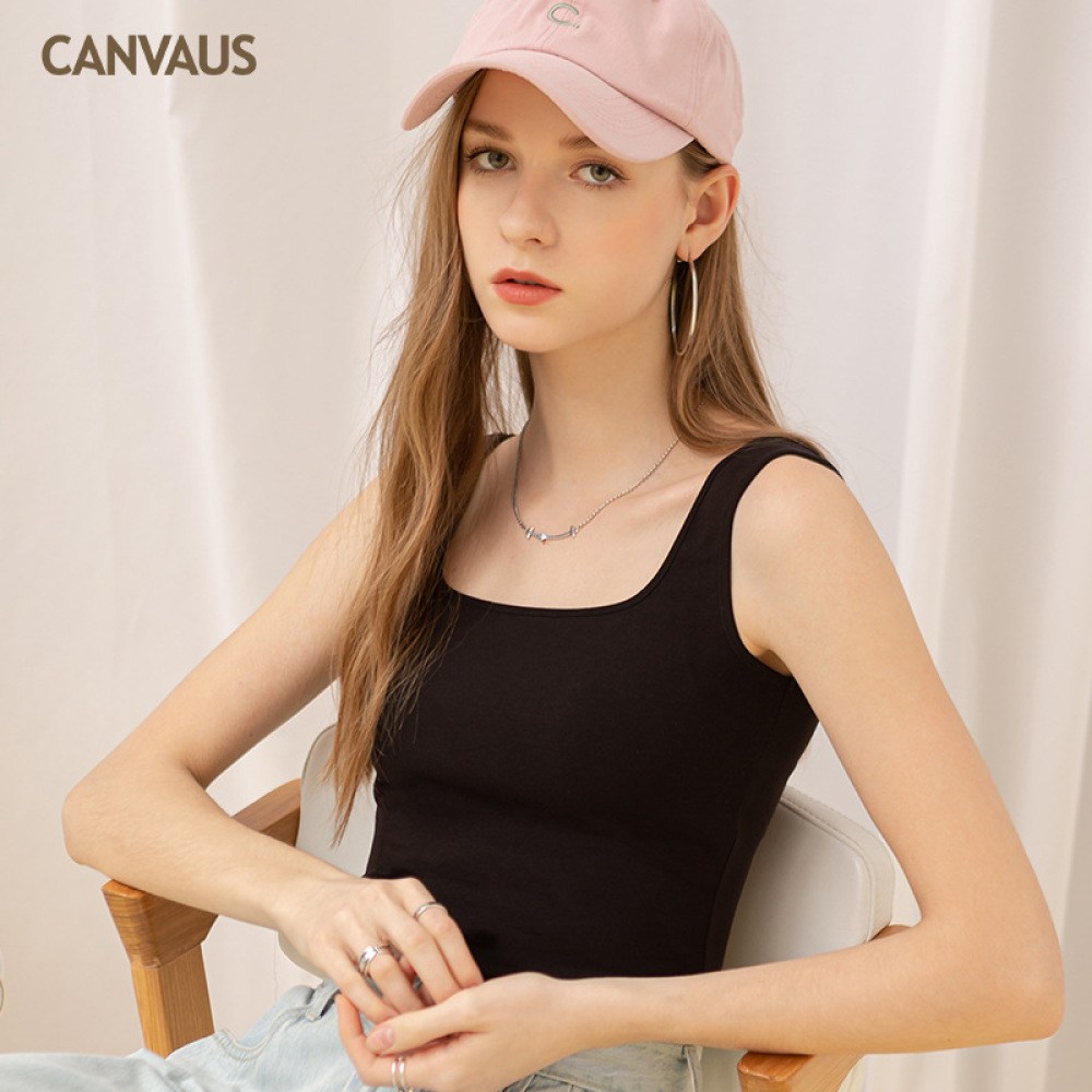 Square-Neck Threaded Cotton Fitted Sleeveless Halter Vest