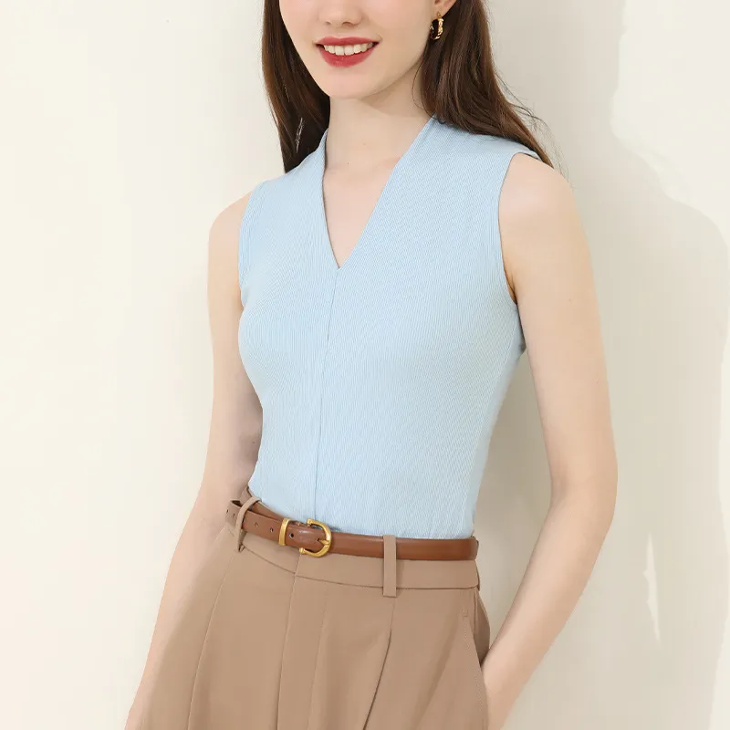 Summer V-Neck Sleeveless Ribbed Cotton Vest