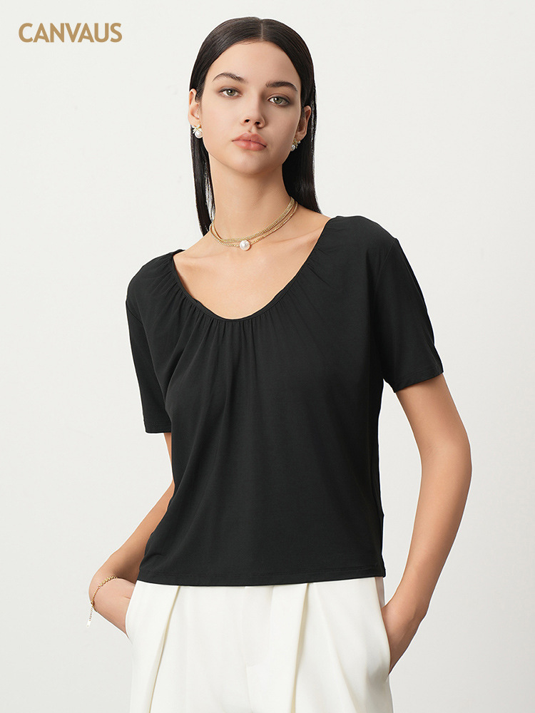 Modal V-Neck Design Pleated Loose Short-Sleeved T-Shirt