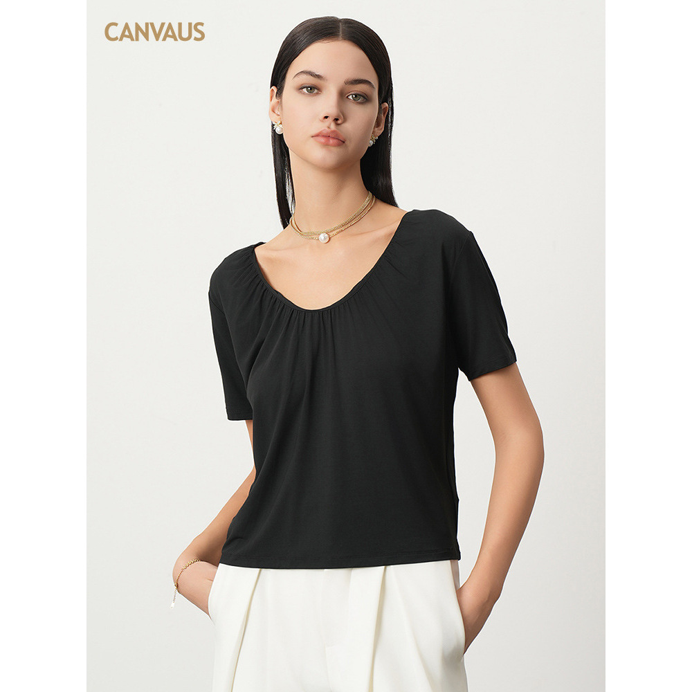 Modal V-Neck Design Pleated Loose Short-Sleeved T-Shirt