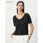 Modal V-Neck Design Pleated Loose Short-Sleeved T-Shirt