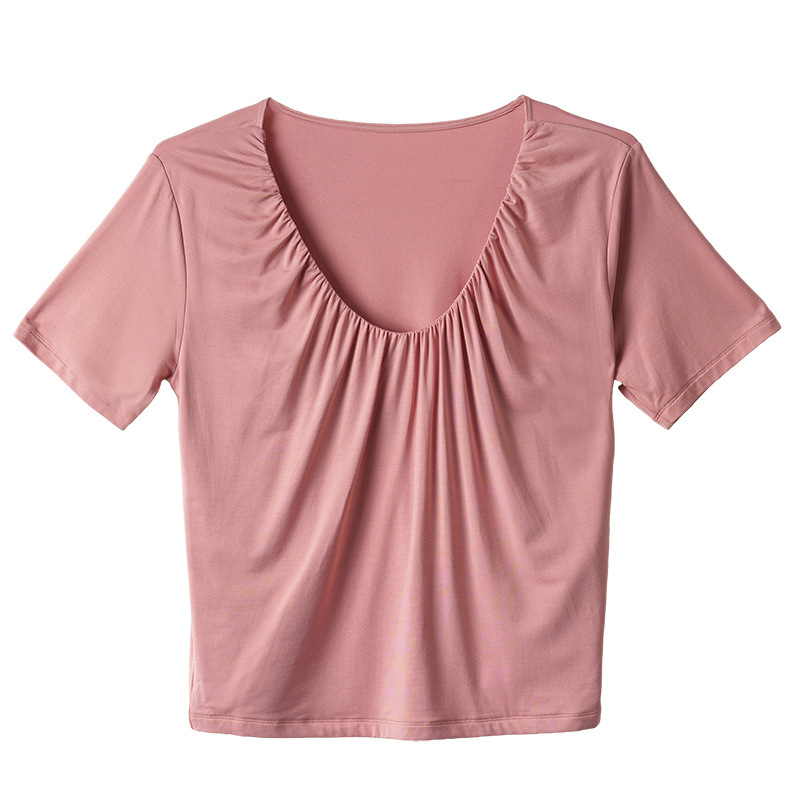 Modal V-Neck Design Pleated Loose Short-Sleeved T-Shirt