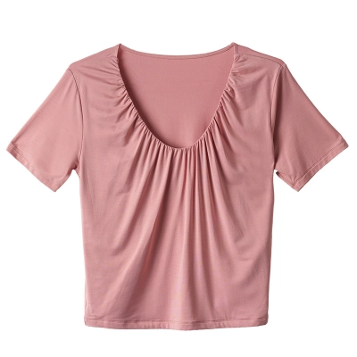 Modal V-Neck Design Pleated Loose Short-Sleeved T-Shirt 01