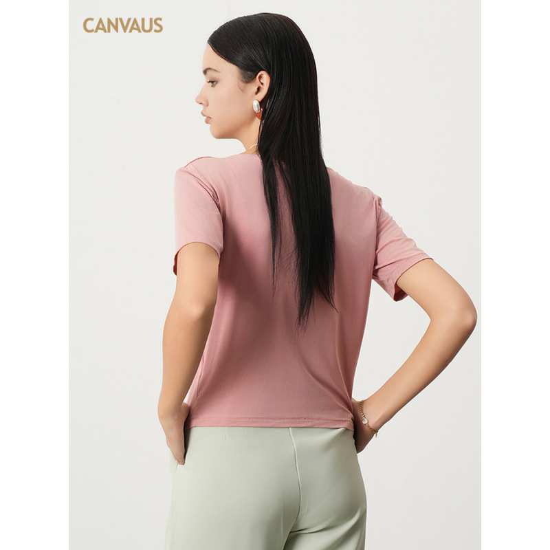 Modal V-Neck Design Pleated Loose Short-Sleeved T-Shirt