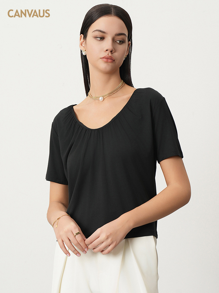 Modal V-Neck Design Pleated Loose Short-Sleeved T-Shirt