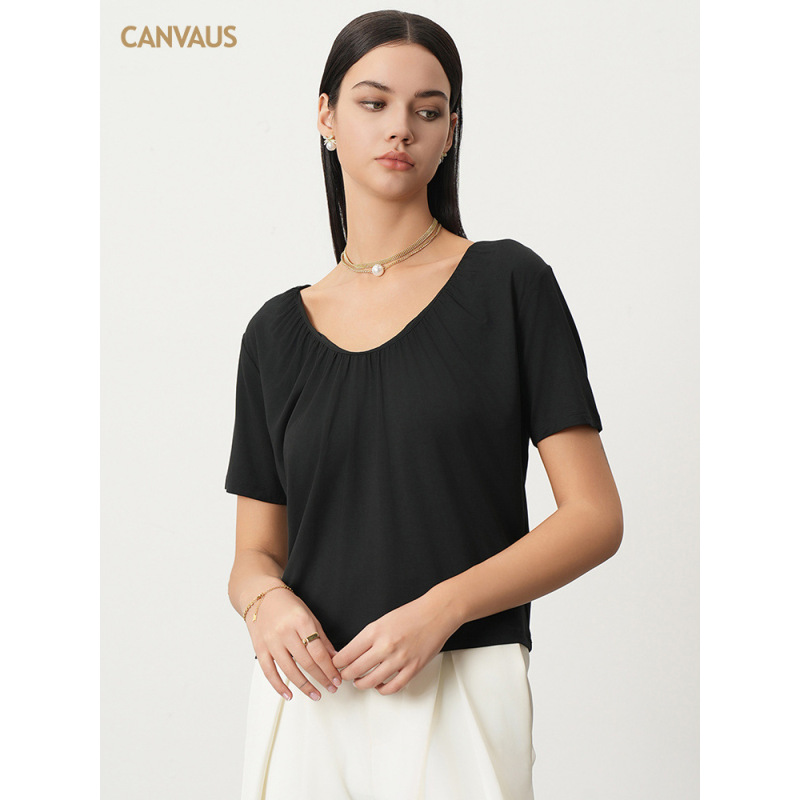 Modal V-Neck Design Pleated Loose Short-Sleeved T-Shirt
